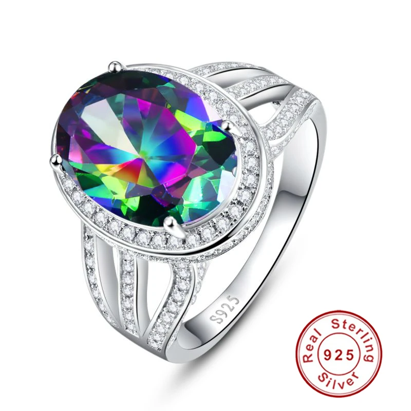 

10.2ct Oval Natural Stone Rainbow Fire Mystic Topaz Cocktail Ring For Women Pure 925 Sterling Silver Jewelry Fine Ring