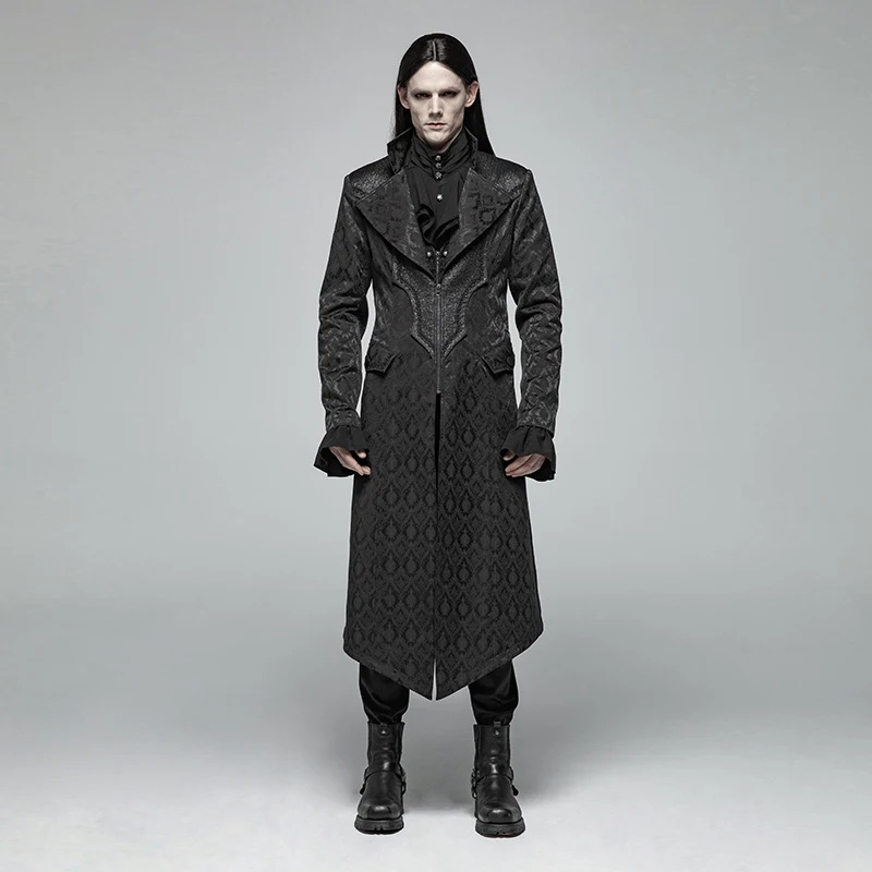 

PUNK RAVE Men's Gothic Jacquard Mid-length Coat Retro Jacquard Light Texture Woven Slim Fit Zipper Medium-long Men Jacket