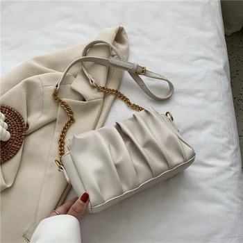 

New Simple Chain Strap Female Shoulder Handbags Folds PU Leather Crossbody Bags for Women Solid Color Ladies' Travel Flap Bags