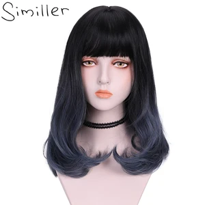 Similler Women Curly Synthetic Wigs Medium Length High Temperature Fiber Black T Gray Blue Ombre Wig for Daily Use