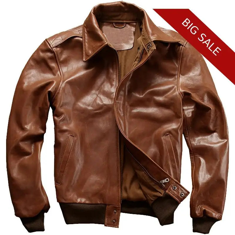

2019 Brown Men USAF A2 Pilot Leather Jacket Plus Size XXXXL Genuine Cowhide Slim Fit Autumn Military Aviator Leather Coat