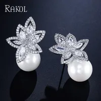 Raol trenday brincos de pino aaa + zircônio cúbico cristal flor, para mulheres grande imitação de pérola noiva acessórios de joias de casamento