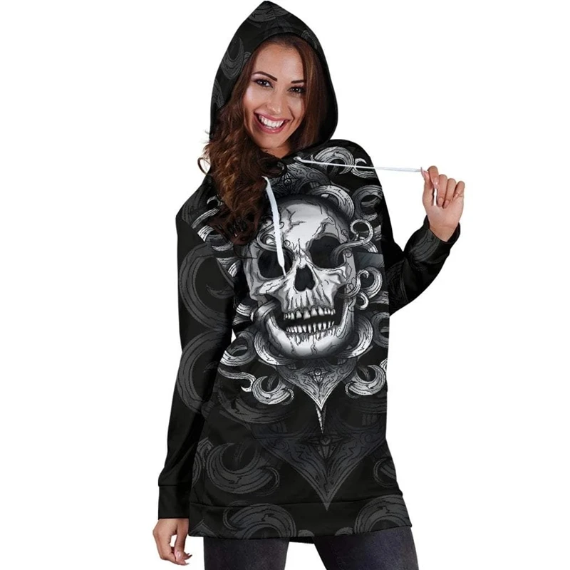 Autumn Winter Hooded Dress Women Long Sleeve Skull Print 3d Hoodies Dress Harajuku Ladies Party Club Short Mini Robe Black
