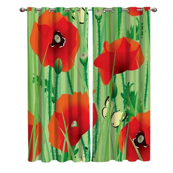 

Flowers Green Red Butterfly Window Curtains Living Room Curtain Kitchen Curtains Left and Right Biparting Open Home Decor