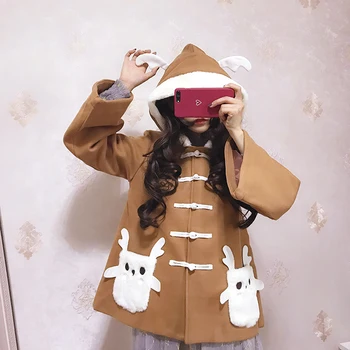 

Japanese Soft Sister Women Super Cute Deer Stereoscopic Antlers Plush Coat Outwear winter Girls Hooded Outer Wear Mori Girl