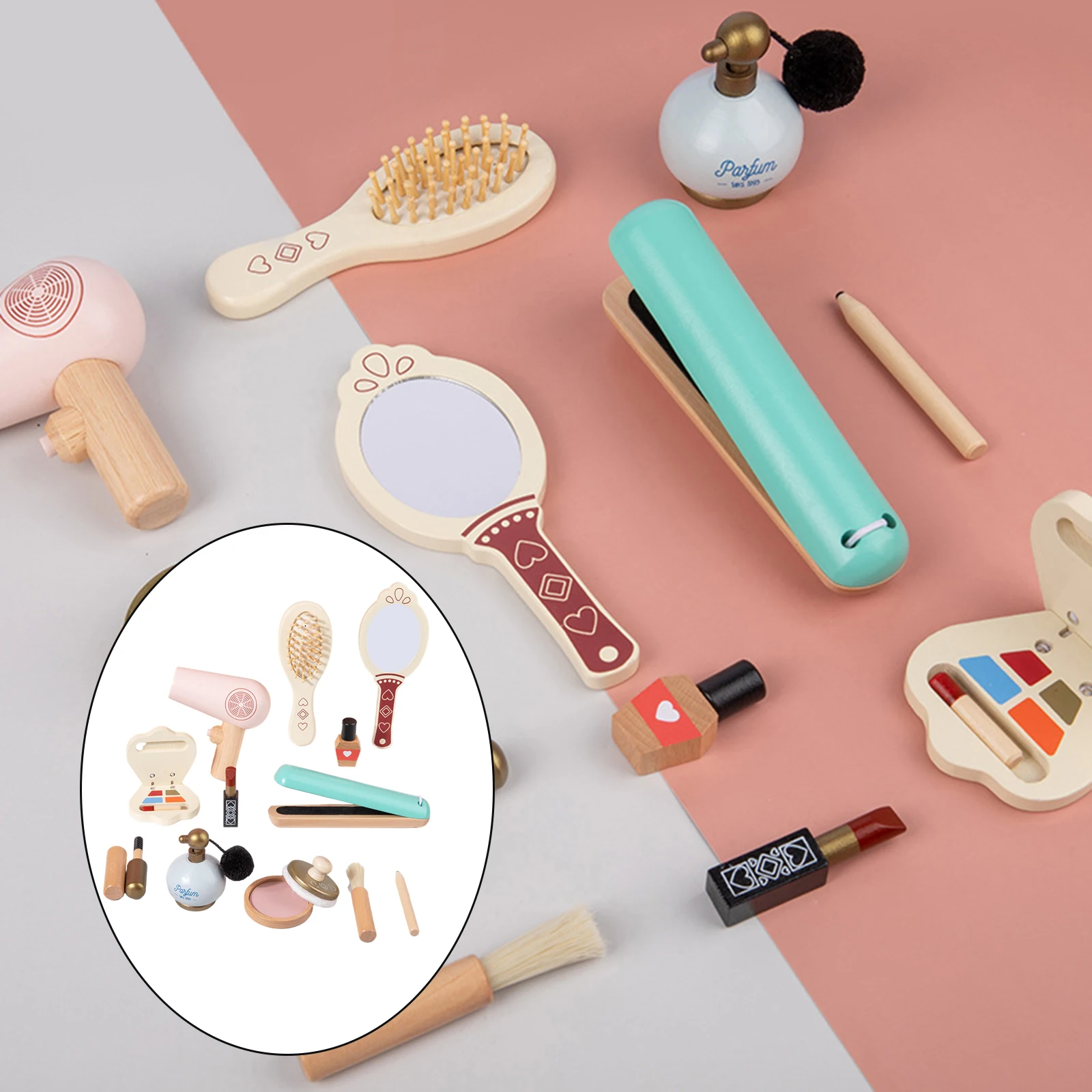 12Pcs/Set Wooden Kids Makeup Kit Role Play Hair Comb Brush Mirror Mascara Gifts Toy Makeup Set with Cosmetic Bag Girls Dressing