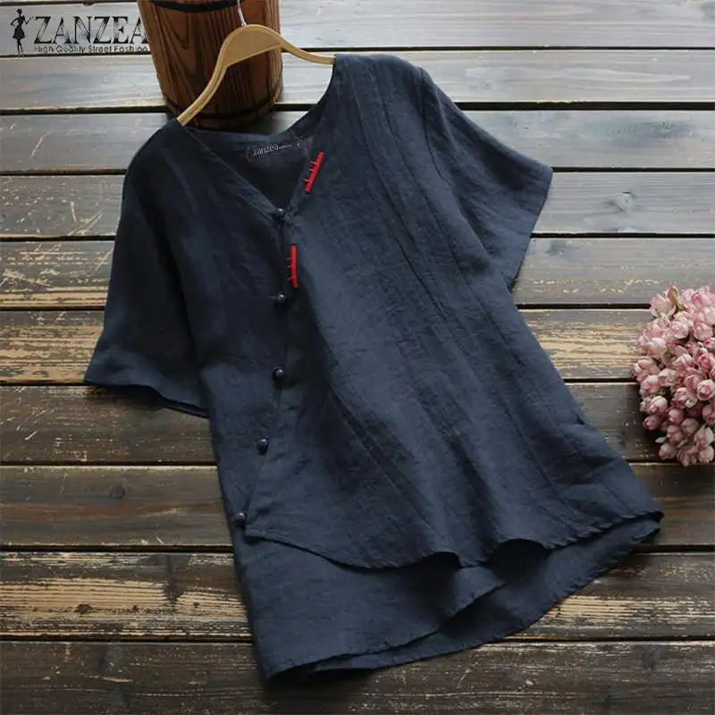 ZANZEA Summer Vintage Buttons Short Sleeve Shirt Women V neck Cotton Linen Blouse Robe Femme Work T