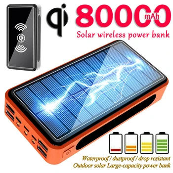 

80000mAh Power Bank Solar Battery Pack Wireless LED Light Powerbank Portable 4USB Outdoor Mobile Phone Charger for Xiaomi IPhone