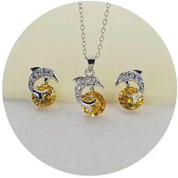 

Newest Cute Dolphin Design Girls Jewelry Set Trendy Women 925 Sterling Silver Dolphin Crystal Necklace Earrings Wholesale