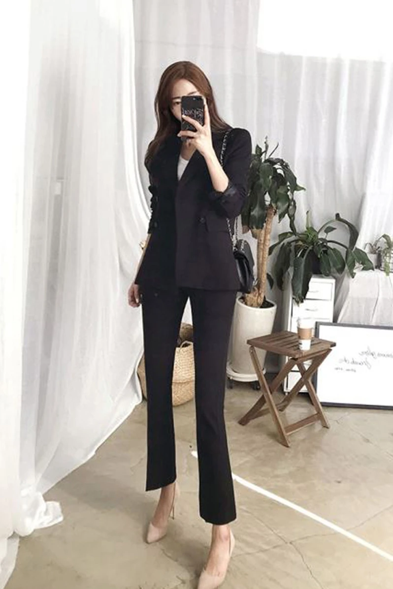 Lente en Herfst Nieuwe тонкий двубортный Профессиональный микро-клеш Broek Pak Vrouwen Повседневный стиль Kleine Pak SetOL2 stuk наборы