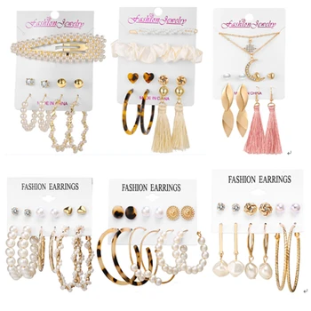 

2020 New Design Pearl Tassel Earrings Set For Women Geometric Round Circle Earring Female Brincos Fashion Jewelry Gifts