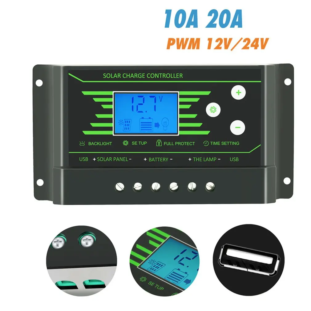 Solar Controller PWM 24V/12V Auto 30A 20A 10A Back-light LCD Solar Charge Regulator with Load Light and Timer Control