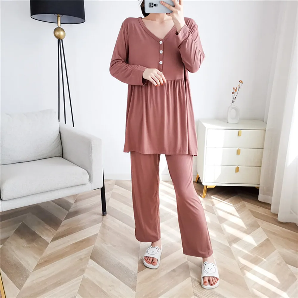 Fdfklak 2024 Maternity Clothes Suit V-Neck Maternity Pajama Long Sleeve Nursing Sleepwear Spring Autumn Breastfeeding Set