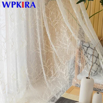 

Nest Embroidered Voile Curtain For Living Room Messy twigs Design Beige Window Drapes Luxury Gold wire Tulle Custom made M156D4