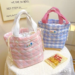 Plaid Lunch Bag Women Thermal Big Capacity Drawstring Lunch Box Tote Food Bags Office Worker Portable Insulated Food Storage Bag