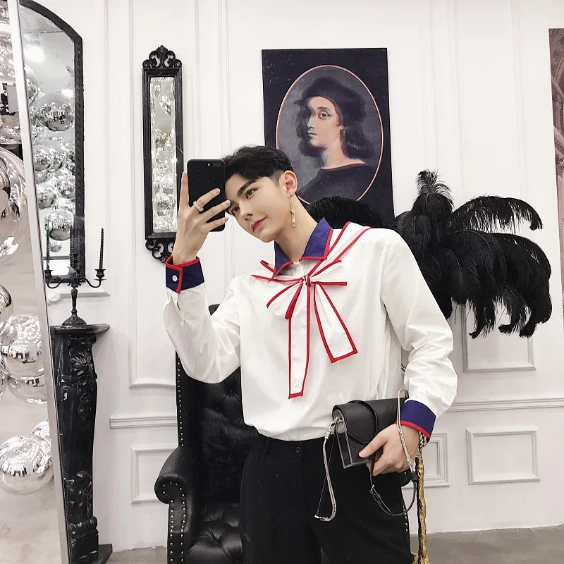 Men Long Sleeve Casual Pullover Fashion Bow Necklace Couple Shirts Male Business and leisure Dress Shirts Stage Clothes