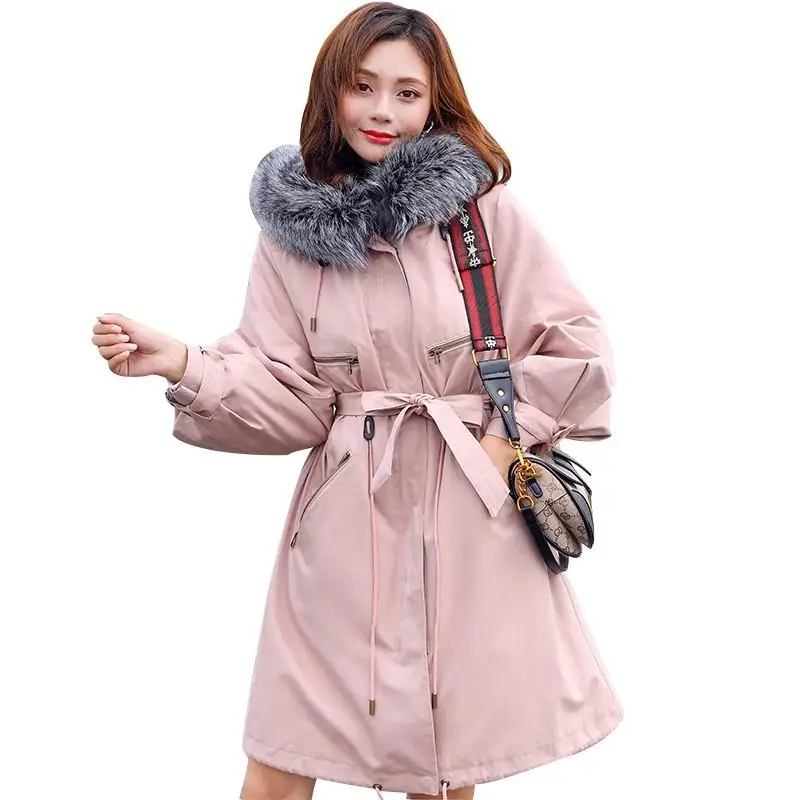 pink Женский зимний Настоящий мех кролика подкладка куртка пальто натуральный Лисий мех воротник парка с длинным капюшоном Новая Толстая теплая верхняя одежда N152 - Color: pink