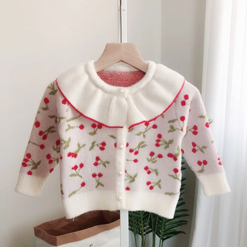 

Girls Cherry Versatile Knitted Cardigan Sweater 0-5-Year-Old Baby Small CHILDREN'S Jacket 2019 Autumn And Winter New Style Lace