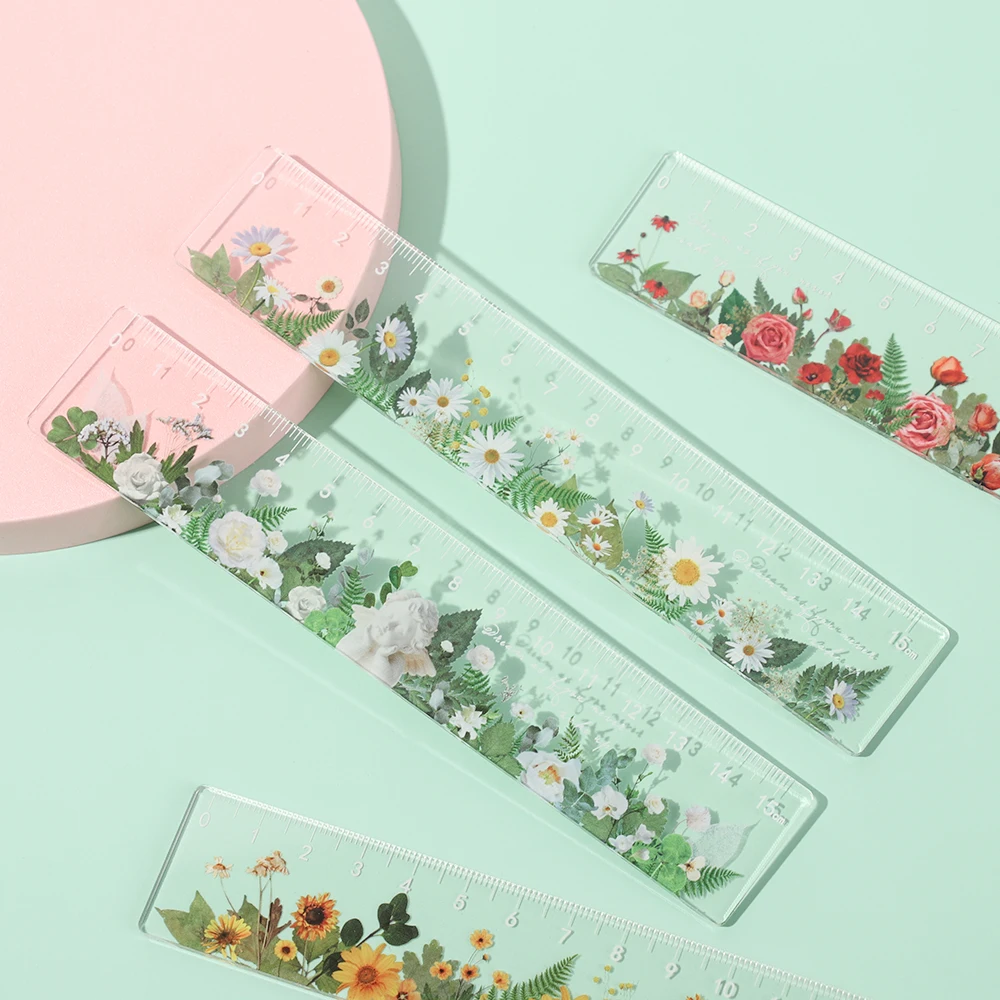 Regla multifunción de margaritas y rosas de 15 cm, herramientas de dibujo DIY, reglas con flores para estudiantes, suministros de oficina y escuela, papelería, 1 ud.