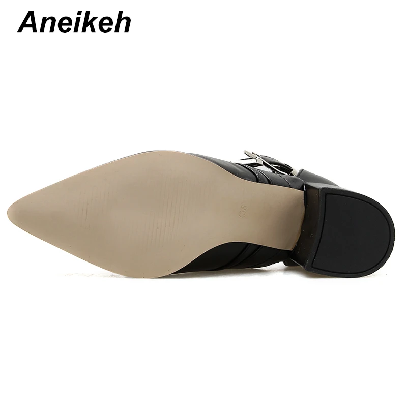 Aneikeh/модные женские ботильоны с металлическим украшением; обувь на высоком каблуке с перфорацией; женские пикантные босоножки с острым носком и пряжкой; Muje