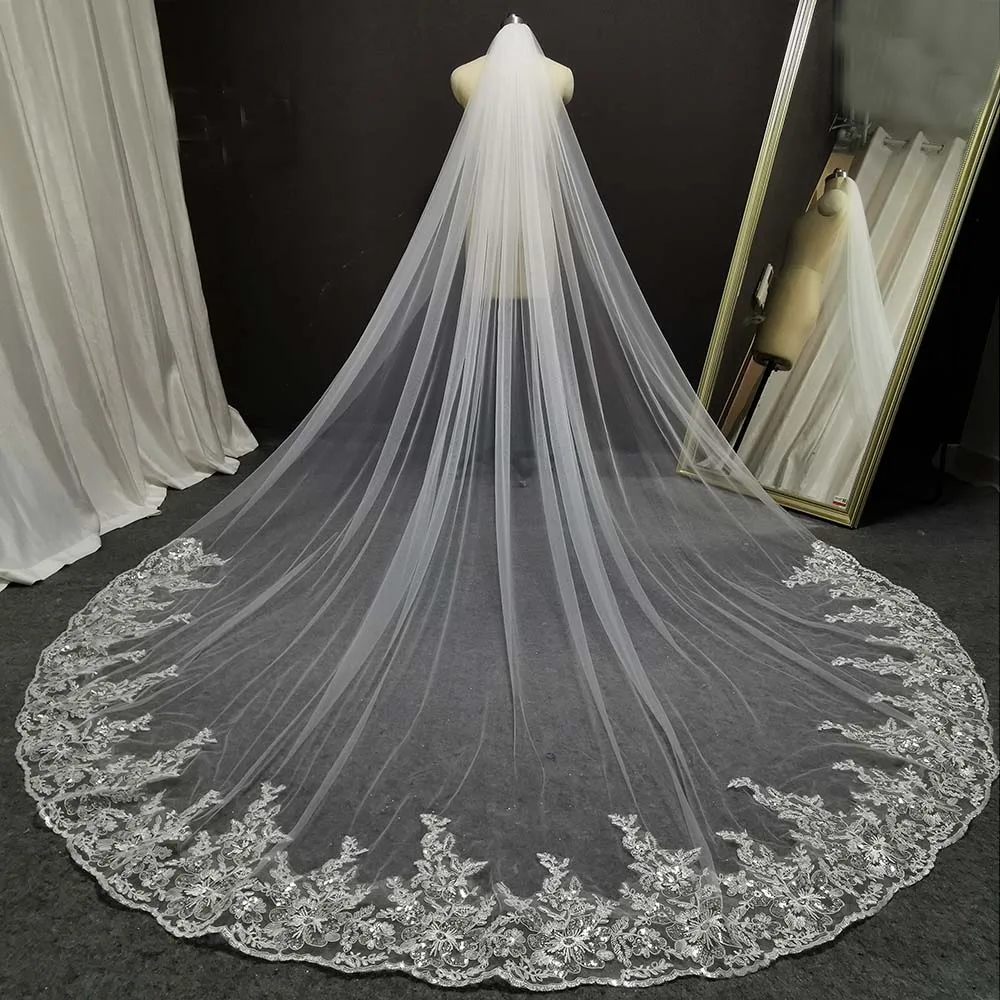 Glitter Sequins Lace Long Wedding Veil 3 Meters White Ivory Bridal Veil Wedding Headpieces Bride Veil luxury wedding veil 5 meters long bridal veils flowers one layer ivory white bride wedding 2020