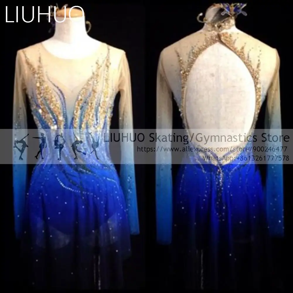 

LIUHUO Figure Skating Dress Gradient Blue Long Sleeves Ice Skating Costumes Spandex Skirt Competition Maxi Dresses