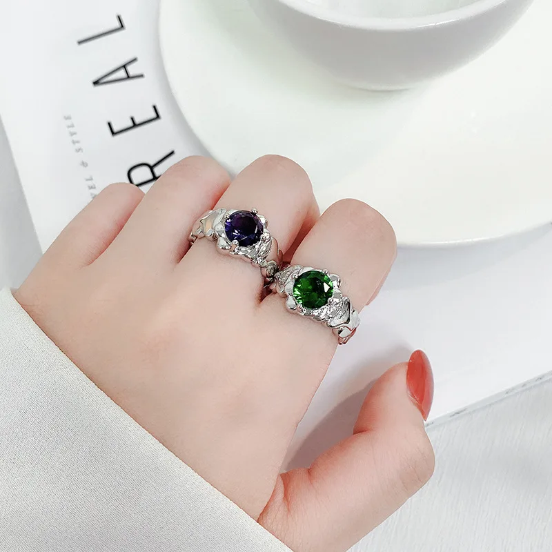 Ins Trendy Simple Big Gem Shiny Rhinestone Purple Green Opening Adjustable Ring For Women Fashion Jewelry Gift | Украшения и