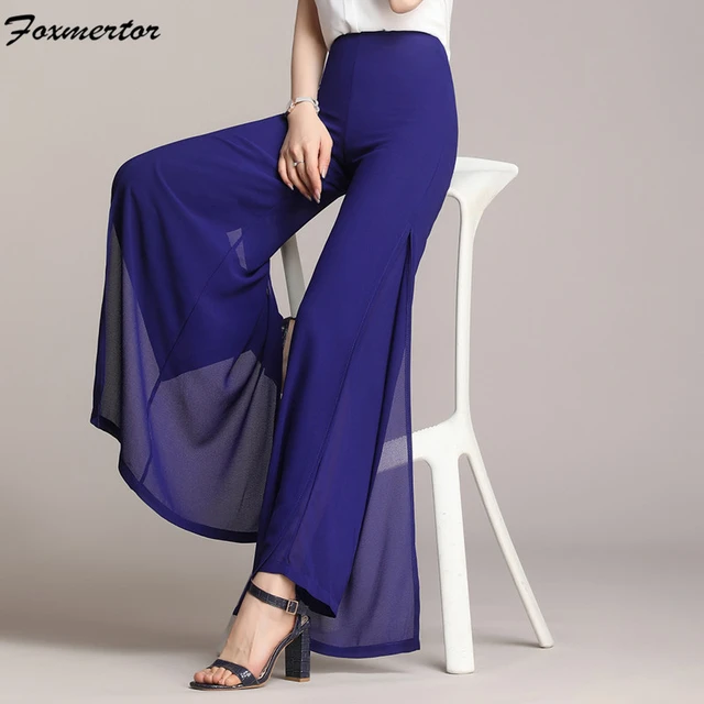 Pantalon large taille haute pour femme, en mousseline de soie