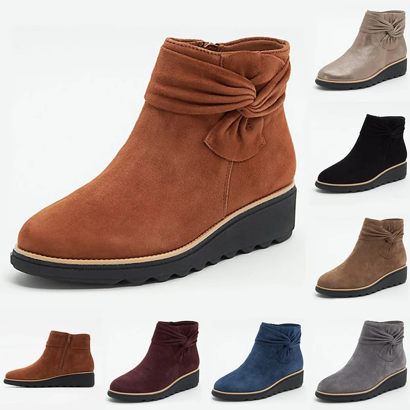 

2020 New Fashion Women Low Cut Boots Solid Suede Botas Bow Design Platform Zipper Ladies Walking Shoes Zipper Casual Boots Plus