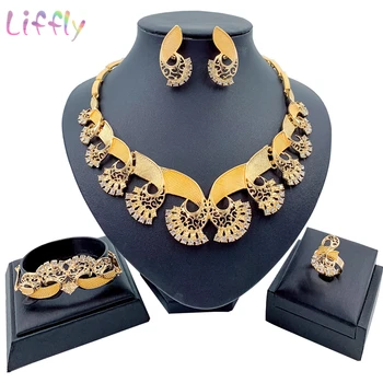 

African Bridal Fashion Jewelry Sets Hollow Necklace Bracelet Wedding Crystal Earrings Ring Jewelry Gift for Woman