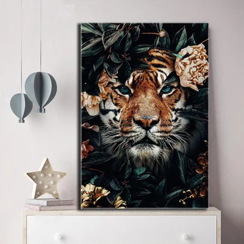 

Animal Poster Canvas Painting HD Tiger Lions With Flower Leaves Jungle Forest Wall Art Pictures For Living Room Home Decoration