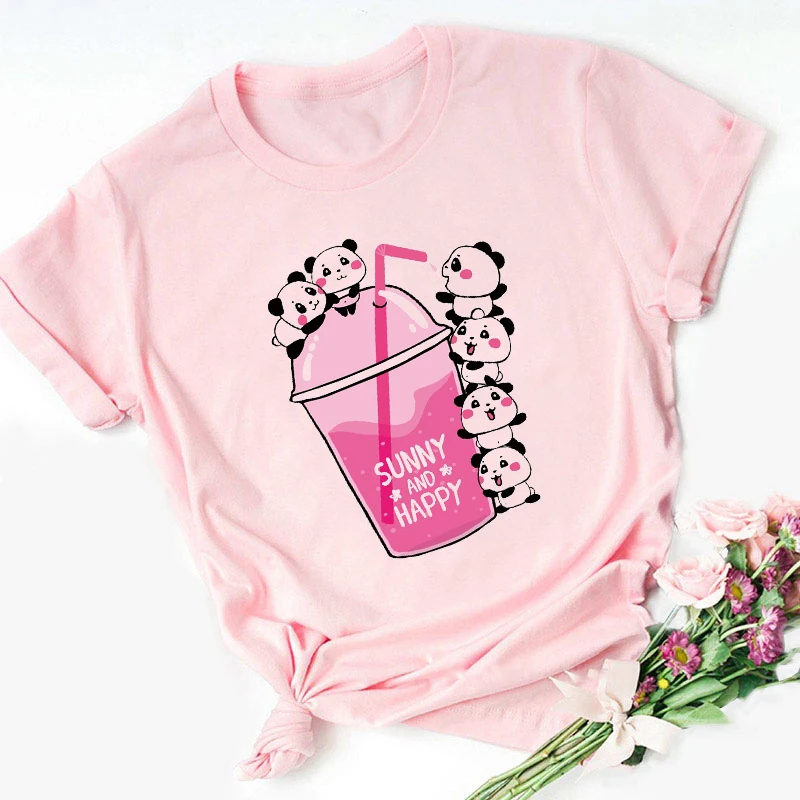 Tee shirt femme panda drinking milk tea, popcorn, graphic print womens t-shirt fashion Harajuku 90s and 00s t shirt tumblr