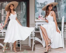 

Donsignet 2021 New Dress Mid Waist Solid Spaghetti Strap White Temperament Commute Long Dress for Women