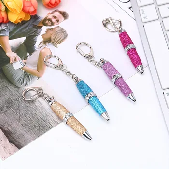

1pc Mini Bling Glitter Ball Pen Multi-color PU Leather Ball Point Pen Middle Ring with Crystal Pocket Short Key Ring Pens