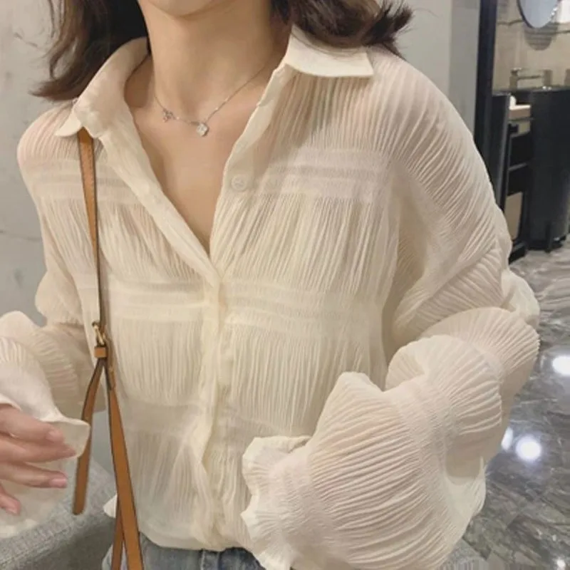 

New Lapel Chiffon Long-Sleeved Shirt Women's Fresh Sweet Design Sense Non-Mainstream Bottoming Small Shirt Women's Shirt