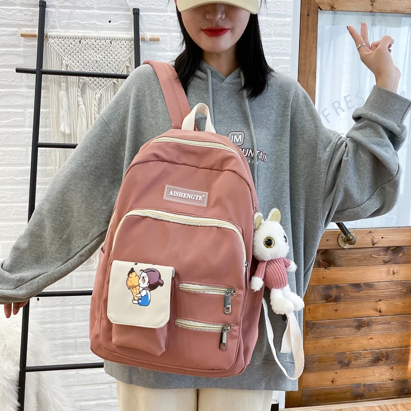 

School Backpack For Girls 2020 Waterproof Canvas Backpack Women Multi Pocket Large Capacity Pendant School Bag For Teenage 929