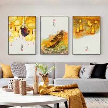 

Japanese Landscape Poster Print Boat Lantern Leaves Canvas Painting Wall Art Chinese Picture for Living Room Modern Home Decor