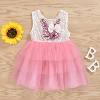 

Easter kids baby girls summer sleeveless patchwork lace tiered cartoon bunny bow dresses toddler sparkling dress 0-4Y