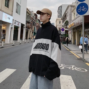 

2020 Spring And Autumn New Youth Popular Color Matching Collar Half-Zip Sweatshirt Fashion Casual Loose Top Black / Gray
