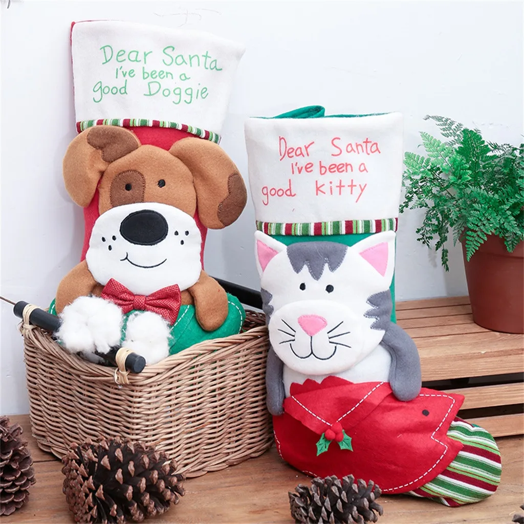 Рождественский подарок, носки с орнаментом, Носки с рисунком кота, детский подарок, рождественский мешок, большие носки, Новогодний носок для конфет