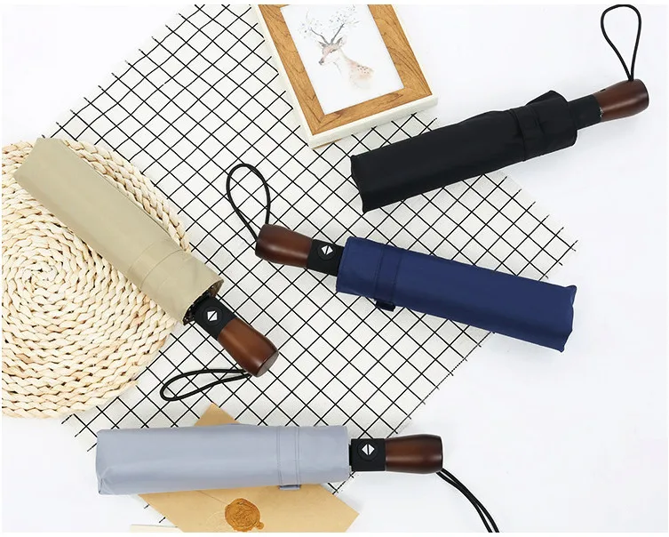 Высококачественный автоматический складной зонт, мужской деловой Зонт с твердой деревянной ручкой, Ретро стиль, тройной складной зонт, мужские подарки