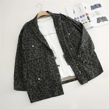 

Vintage Leopard Print Stand Collar Denim Jacket Women Casual Basic Coat Harajuku Oversized Loose Female Jeans Jacket Outerwear