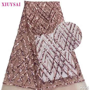 

rose gold sequins french lace shiny African tulle lace fabric Nigerian sewing evening gown with sequins 5 yards per piece SL664