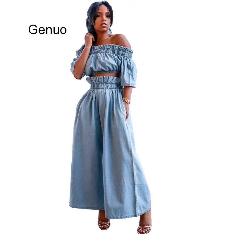 Denim 2pcs Set Women Ruffles Short Sleeves And Long Wide Jeans 2 Pieces Sets Casual Streetwear Femme Summer New 2020