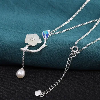 

Vintage Chinese Style s925 Sterling Silver Women's Necklace Burnt Blue Craft Pearl