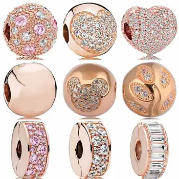 

Rose Pave Love Heart Shining Elegance Pink Cosmic Stars Clip Charm 925 Sterling Silver Beads Fit Bracelet DIY Jewelry