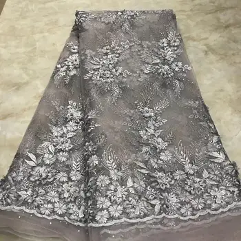 

2020 Silver /grey color 3d flower handmade beaded embroidery lace fabric African new design lace factory price 5yards per lot