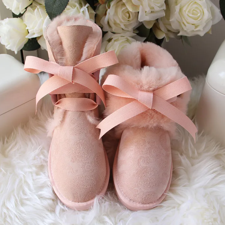 Модные зимние ботинки из натуральной овечьей кожи; водонепроницаемые зимние ботинки; натуральный мех; теплая шерсть; женские ботинки; нескользящая обувь - Цвет: Pink as pic