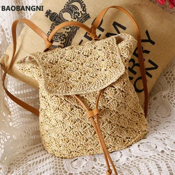

New Women Straw Backpack Hollow-out Bag Handmade Rattan Female Summer Wicker Backpacks bolsa sac a main Bags For Women