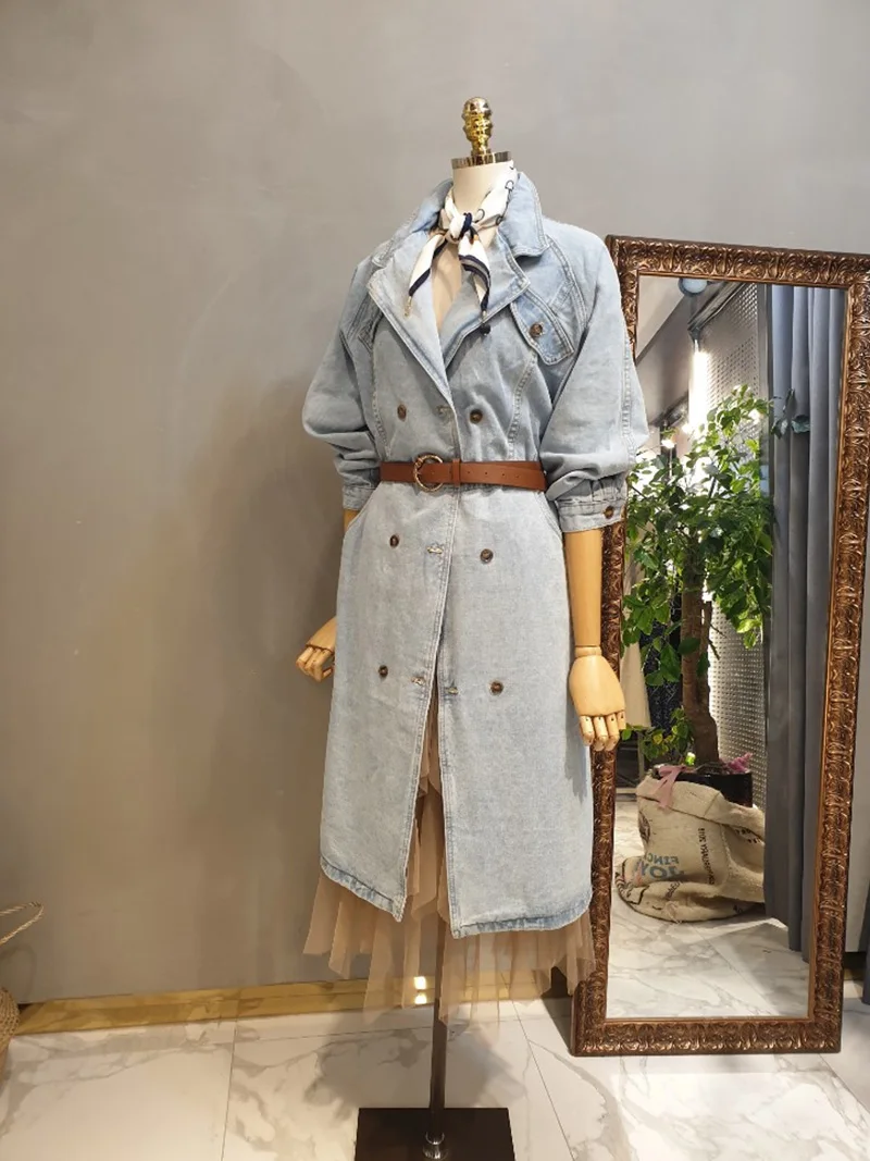 Осеннее женское модное джинсовое платье с отложным воротником и поясом до середины икры с длинным рукавом, двубортные джинсовые платья jc3387